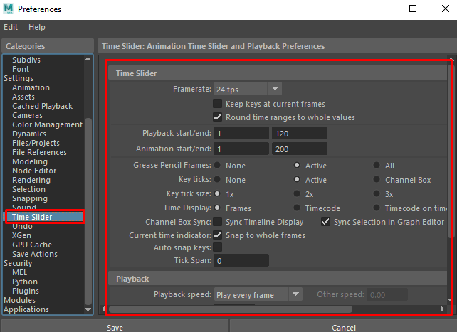 Time Slider option Maya